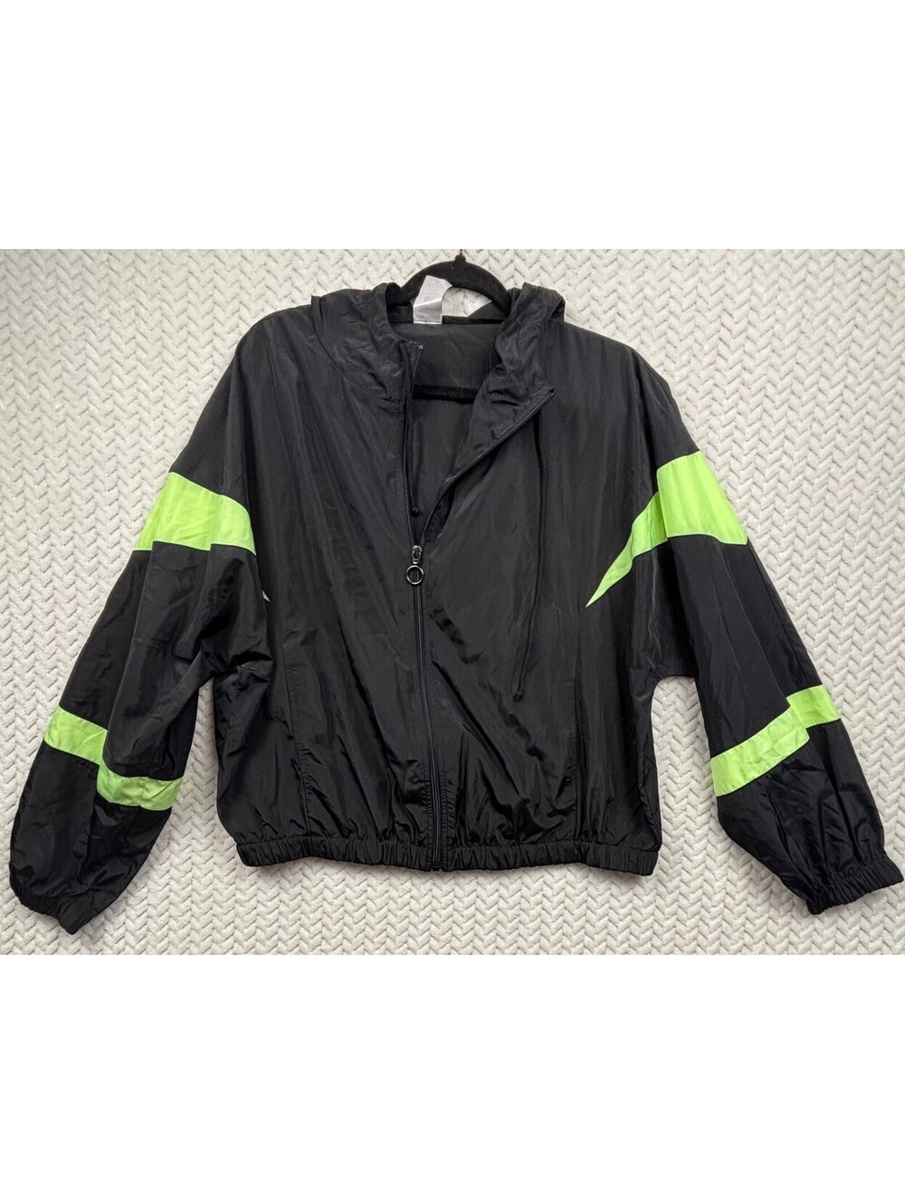 No Boundaries XL Black and Neon Green Hooded Windbreaker Jacket